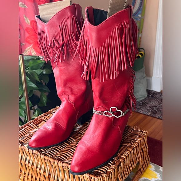 Oak Tree Farms Shoes - Oak Tree Farms Fringe Red Women's Western Boots with Decorative Chain